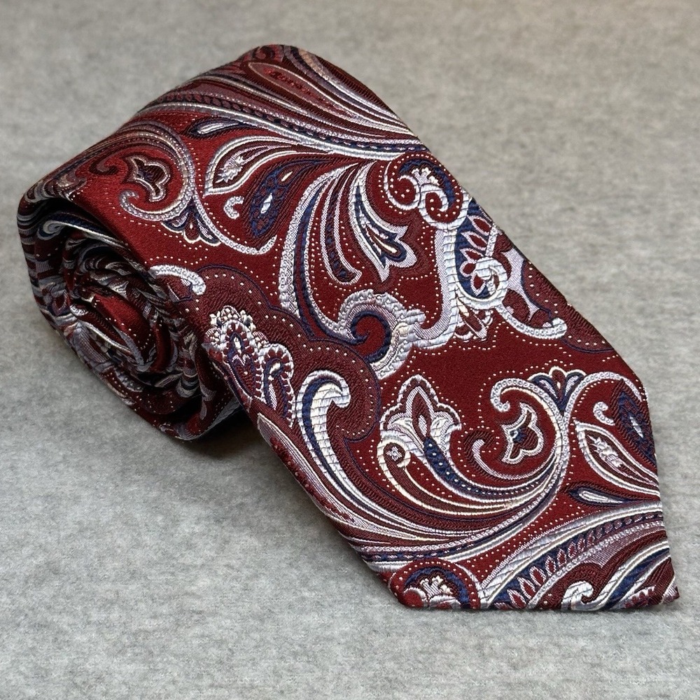 Tasso Elba‎ Spa Mens Neck Tie Red Silver Paisley Hand Made 100% Silk